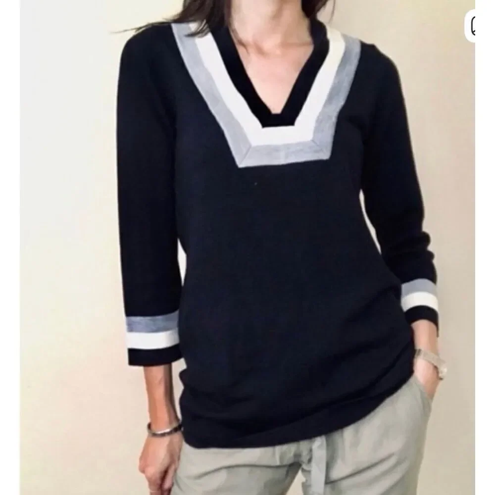Tory Borch Cicada Merino Wool trim neck tunic sweater xsmall